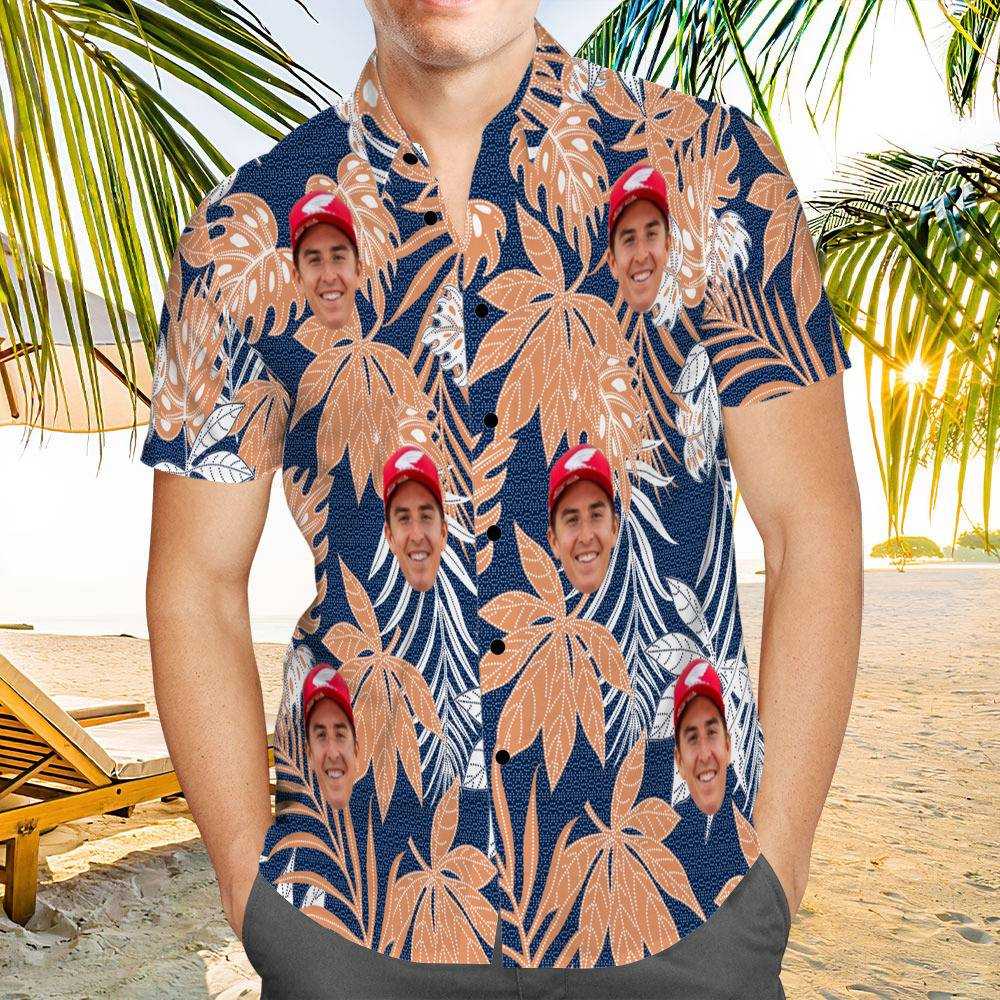 Jett Lawrence Hawaiian Shirt Custom Photo Hawaiian Shirt Blue Leaves Hawaiian Shirt