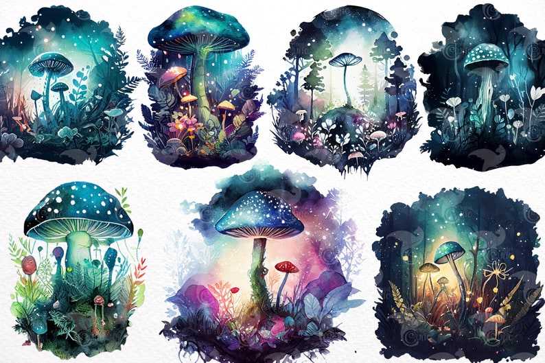 Trippy Mushroom Svg, Watercolor Magic Mushrooms Clipart Commercial Use