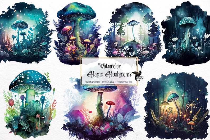 Trippy Mushroom Svg, Watercolor Magic Mushrooms Clipart Commercial Use#1