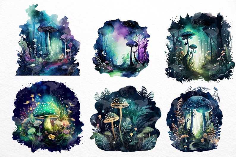 Trippy Mushroom Svg, Watercolor Magic Mushrooms Clipart Commercial Use#3