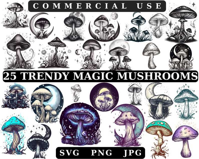 Mushroom Svg, Bundle Mushroom Clipart Mystical Moon Mushroom Svg
