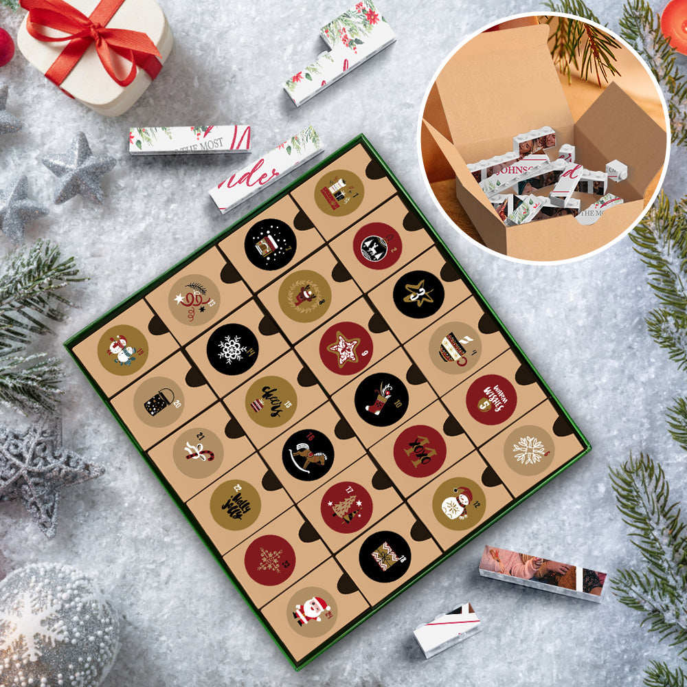 Weihnachtsgeschenk-countdown-blindbox, Individuelles Baustein-puzzle, Weihnachts-adventskalender, Personalisierter Horizontaler Trio-fotostein, Frohe Weihnachten - BuildingPuzzleDE