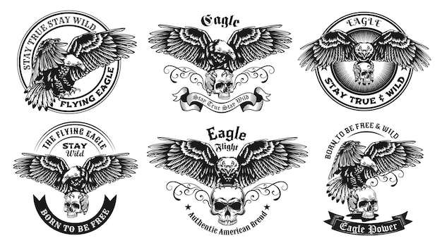 Eagles Svg Free, Free Vector Monochrome Labels With Eagle and Skull Illustration Set 
