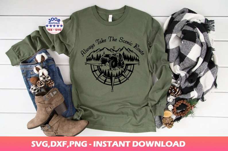 Always Take The Scenic Route svg,offrad car Camping svg,Compass Mountains And Trees SVG,Camping travel Wild Off Road,Mountains Scene ,Cricut#4