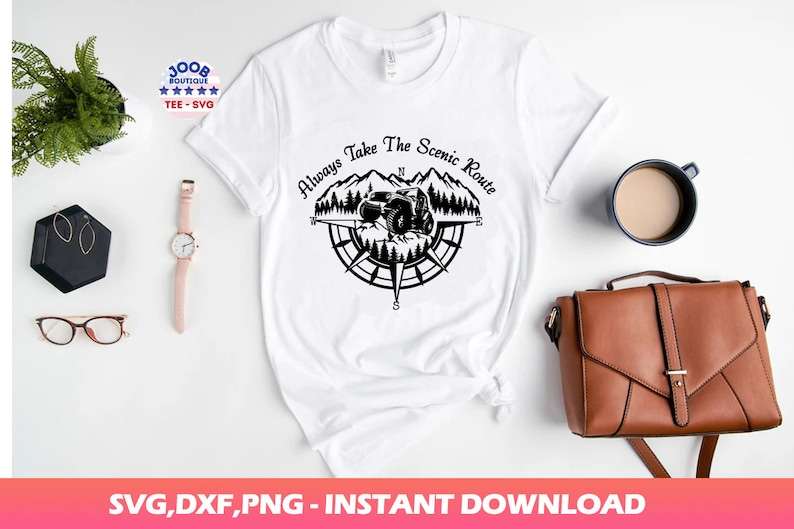 Always Take The Scenic Route svg,offrad car Camping svg,Compass Mountains And Trees SVG,Camping travel Wild Off Road,Mountains Scene ,Cricut#7