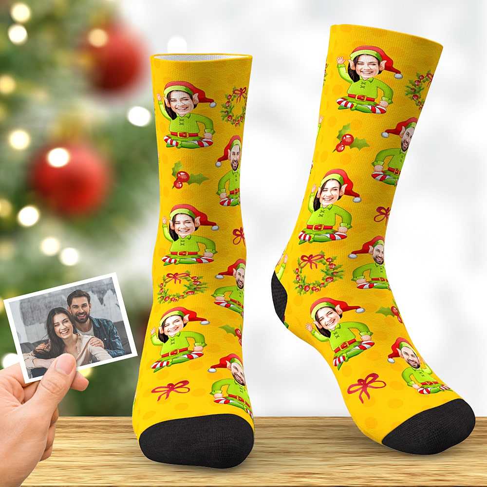 Custom Face Socks Bowknot and Mistletoe Elf Socks Christmas Gift