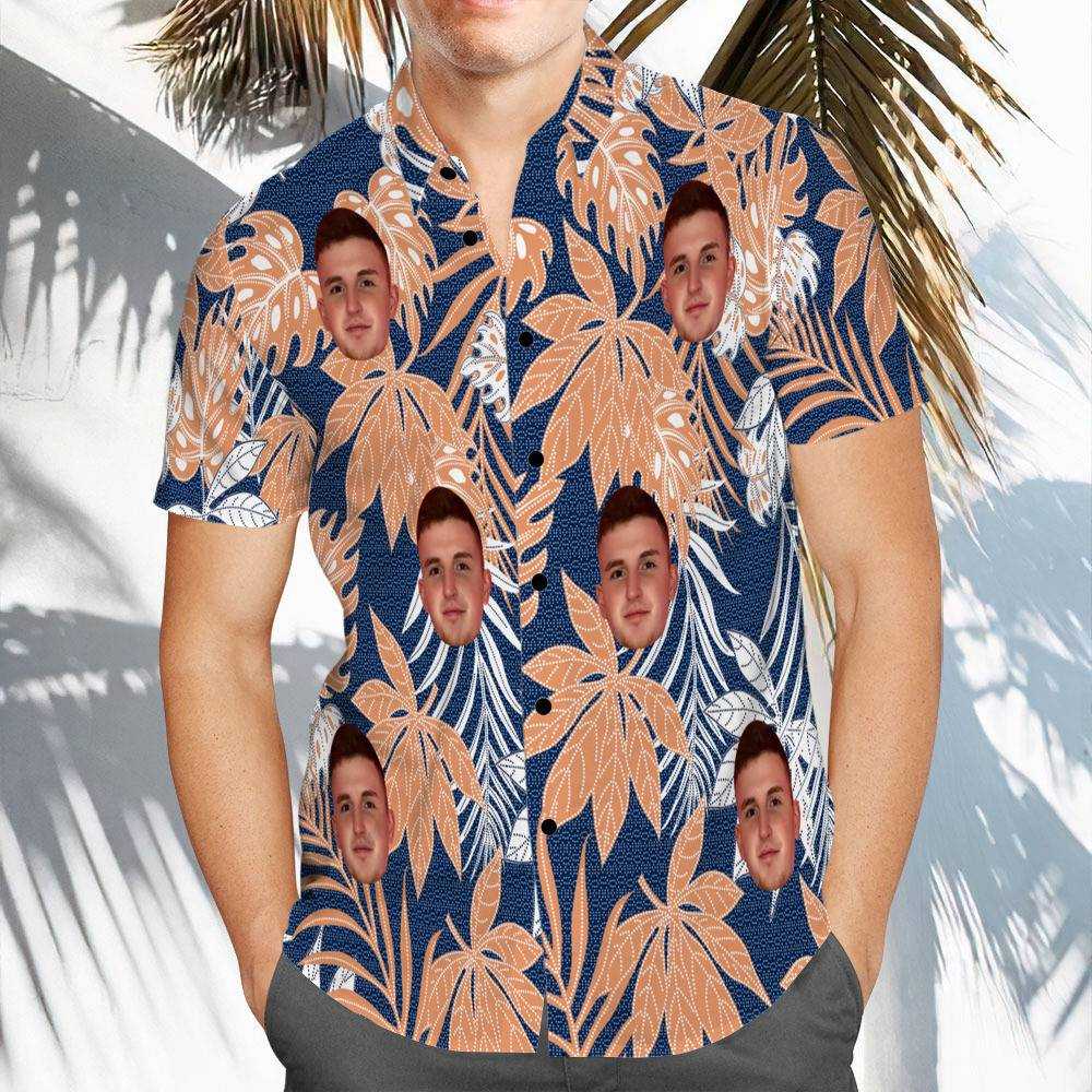 Caylus Hawaiian Shirt Custom Photo Hawaiian Shirt Blue Leaves Hawaiian Shirt