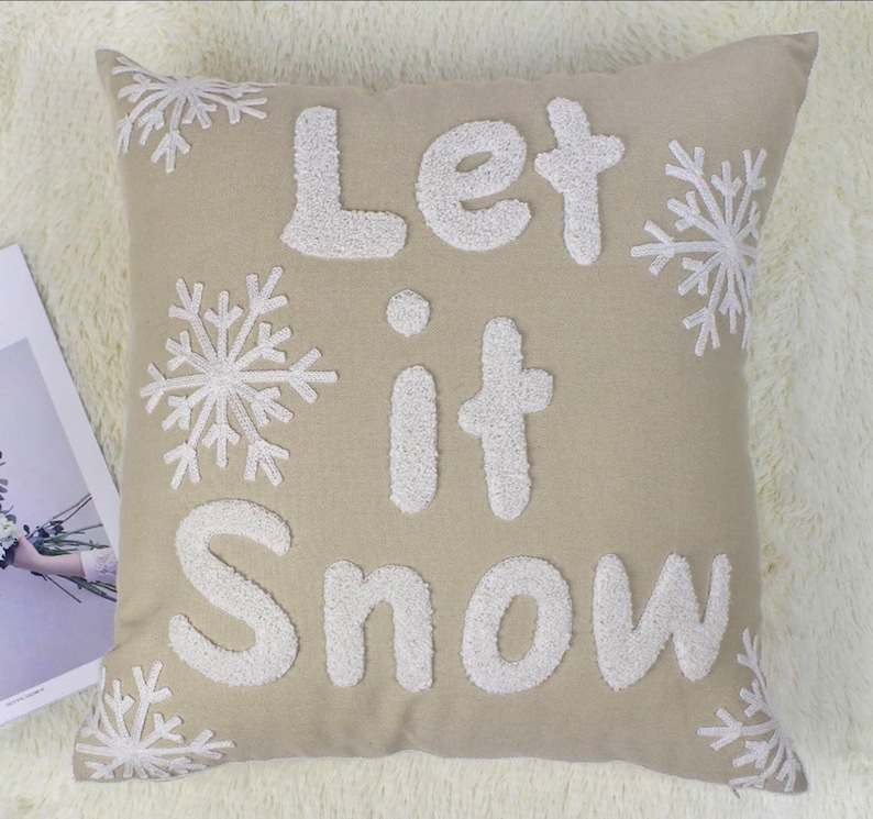 Snowflake Embroidered Neutral Holiday Decor Throw Pillow Soft And