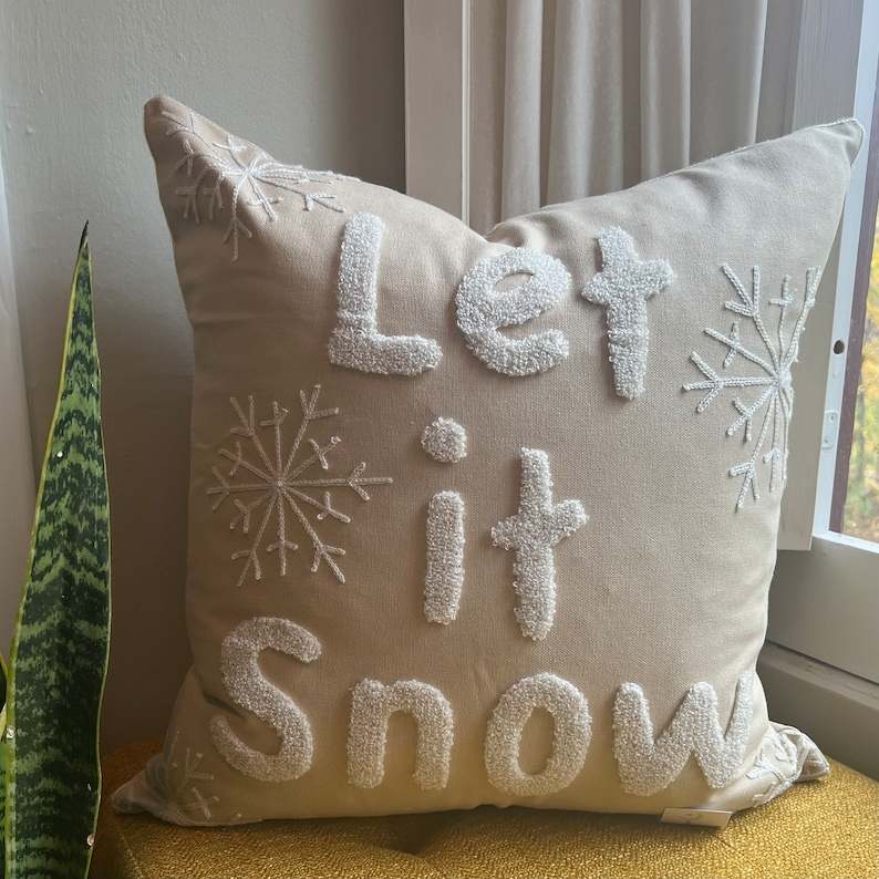 Snowflake Embroidered Neutral Holiday Decor Throw Pillow Soft And