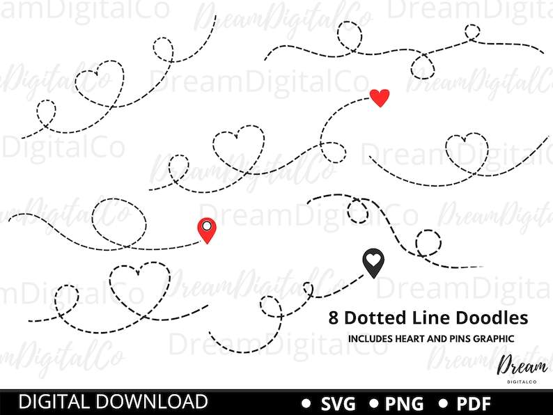 Dotted Line Svg, Hearts SVG, Dashed Line Doodles Set 8 Design Set + Pin &amp; Heart Png, Long Distance Vector, Printable Clipart For Cricut Silhouette#2
