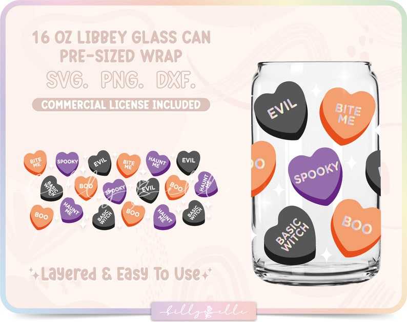 Download Halloween Candy Hearts 16oz Glass SVG Designs For Your Craft Projects