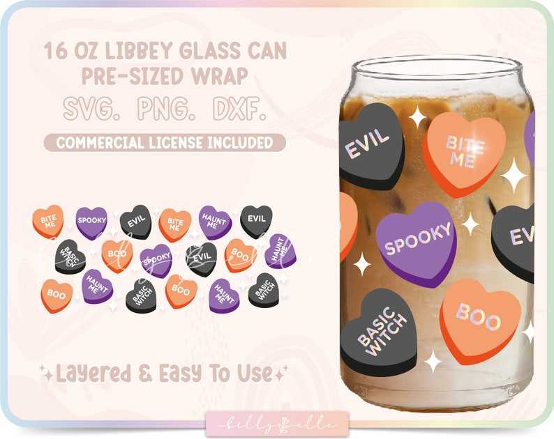 Download Halloween Candy Hearts 16oz Glass SVG Designs For Your Craft Projects 