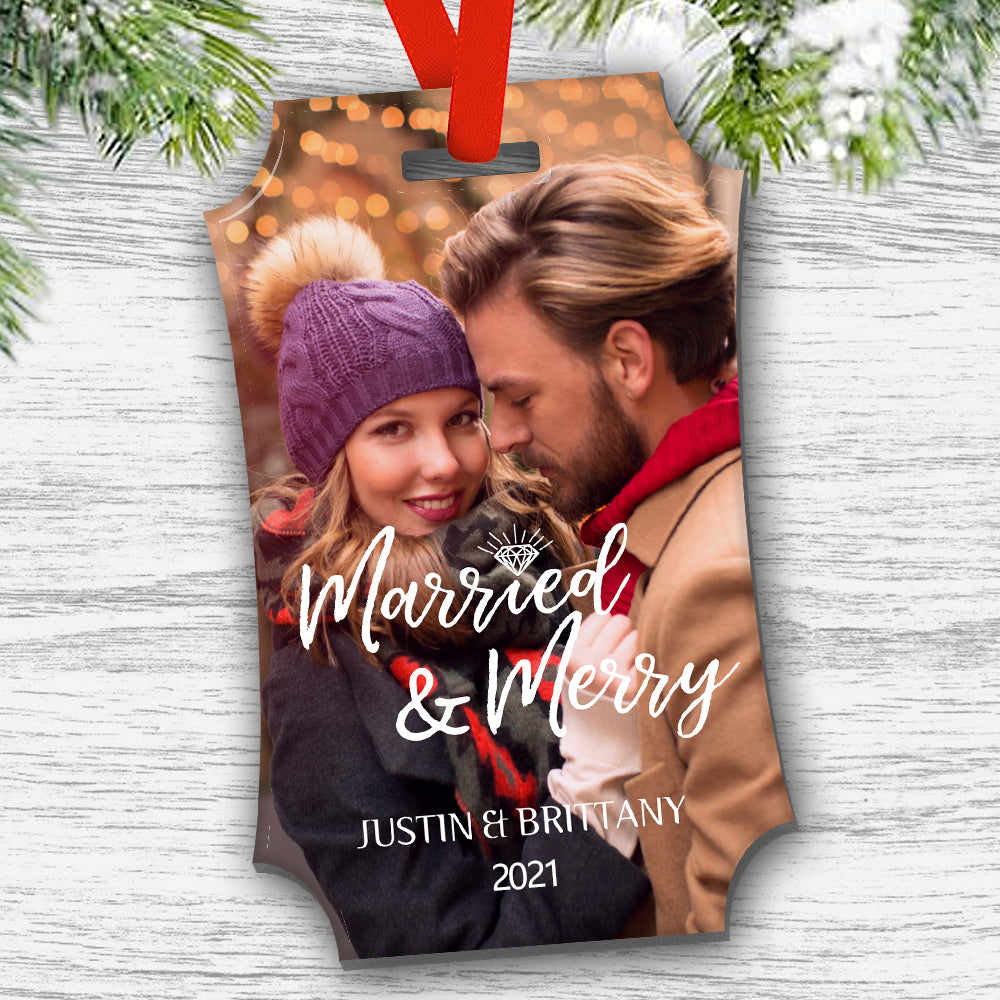 Custom Photo Ornament with Engraving We are Married Rectangle-shaped