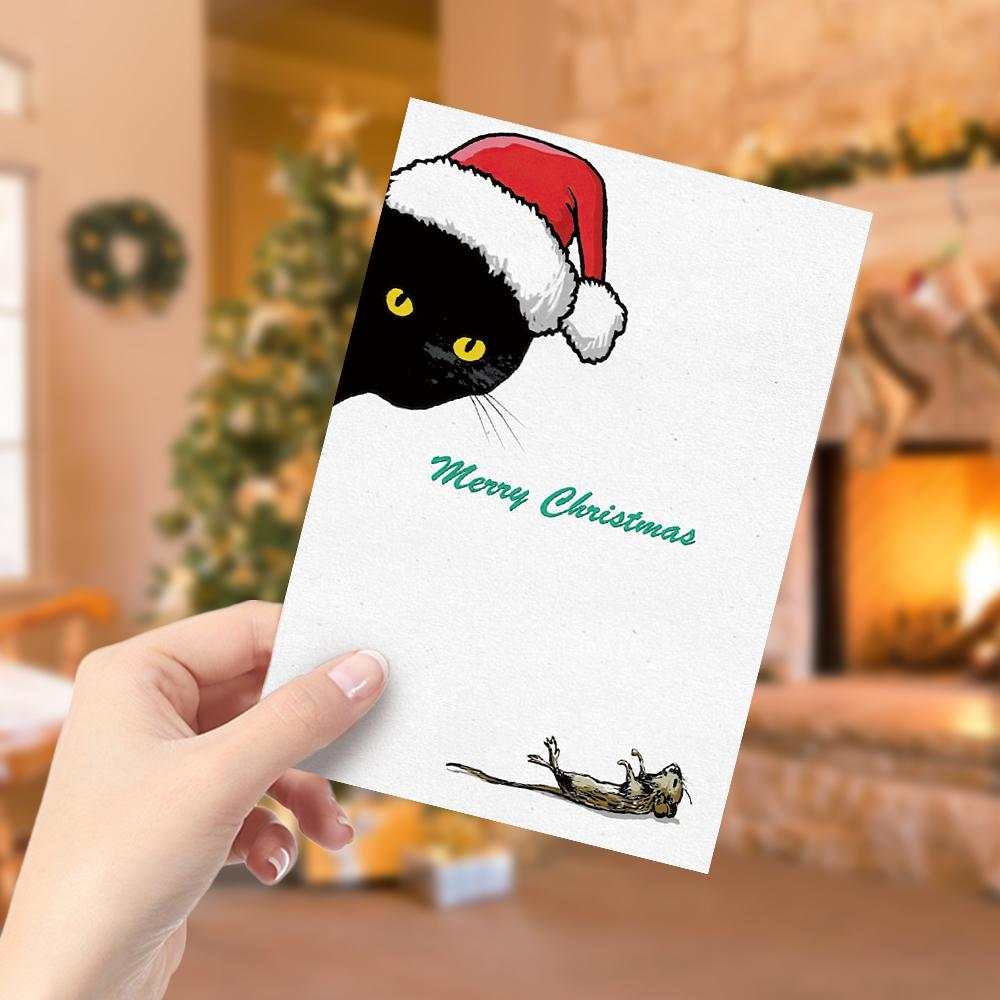 Cat Christmas Card Merry Christmas Funny Christmas Card Holiday Card Peek a Boo Cat - Vertical Card