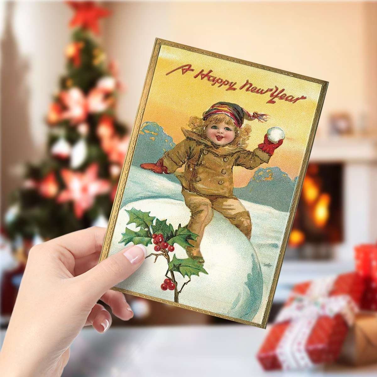 A New Year Gift Postcard a Cute Kid Christmas Postcard for Christmas