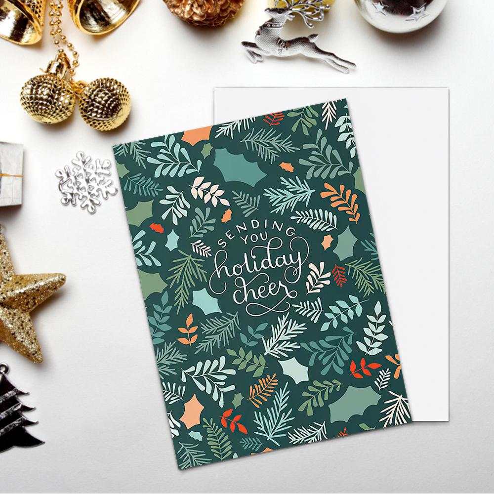 Sending Cheer Holiday Card Illustrated Botanical Christmas Card-Vertical Card