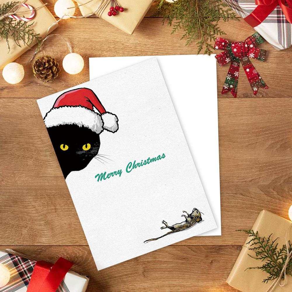 Cat Christmas Card Merry Christmas Funny Christmas Card Holiday Card Peek a Boo Cat - Vertical Card