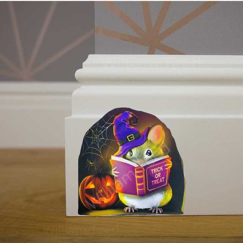 Halloween Mouse Reading Book In Hole Beautiful And Refined Glossy Cute Pumpkin Stickers   