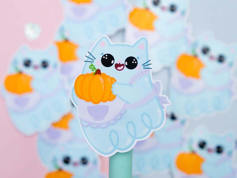 Cute Kitty Ghost Sticker Beautiful And Refined Glossy Cute Pumpkin Stickers   