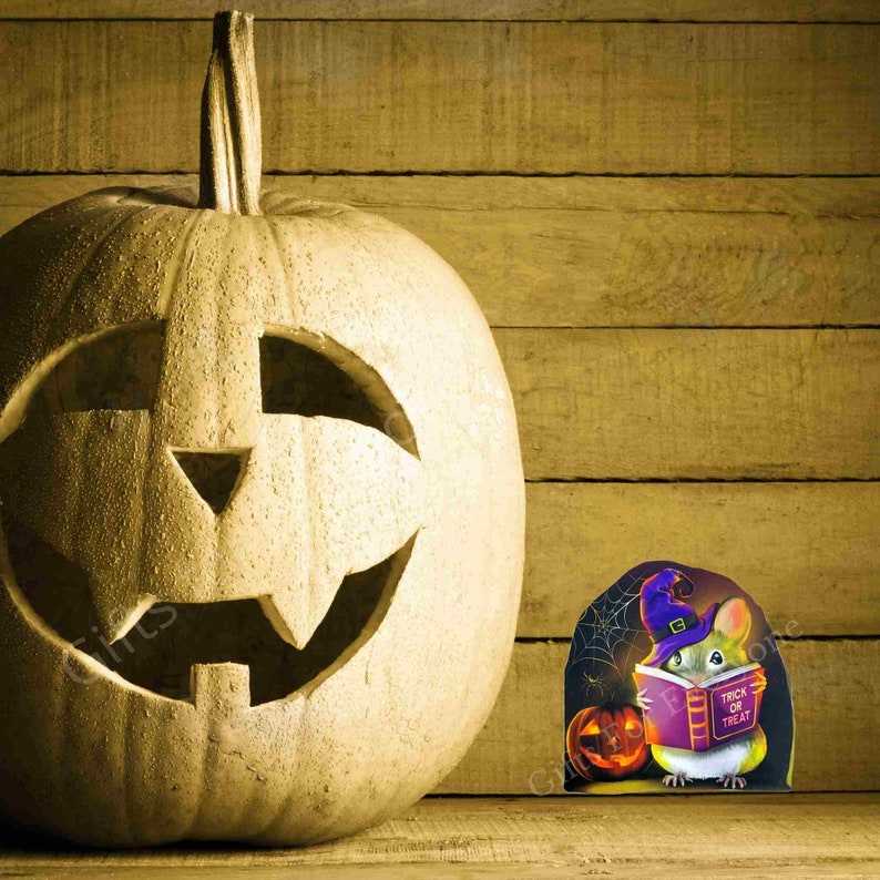 Halloween Mouse Reading Book In Hole Beautiful And Refined Glossy Cute Pumpkin Stickers  