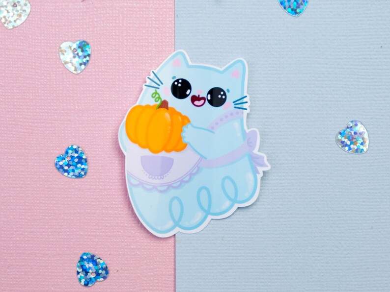 Cute Kitty Ghost Sticker Beautiful And Refined Glossy Cute Pumpkin Stickers  