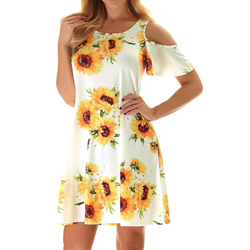 Stamzod Womens Dresses Sunflower Print V-neck Lace Short-sleeved Dress  Yellow M 