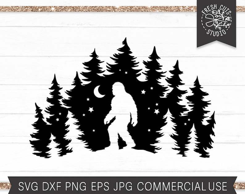 Pine Tree Silhouette Svg, Bigfoot SVG Cut File for Cricut and Silhouette - Mountain Sasquatch Svg PNG for Sublimation#1