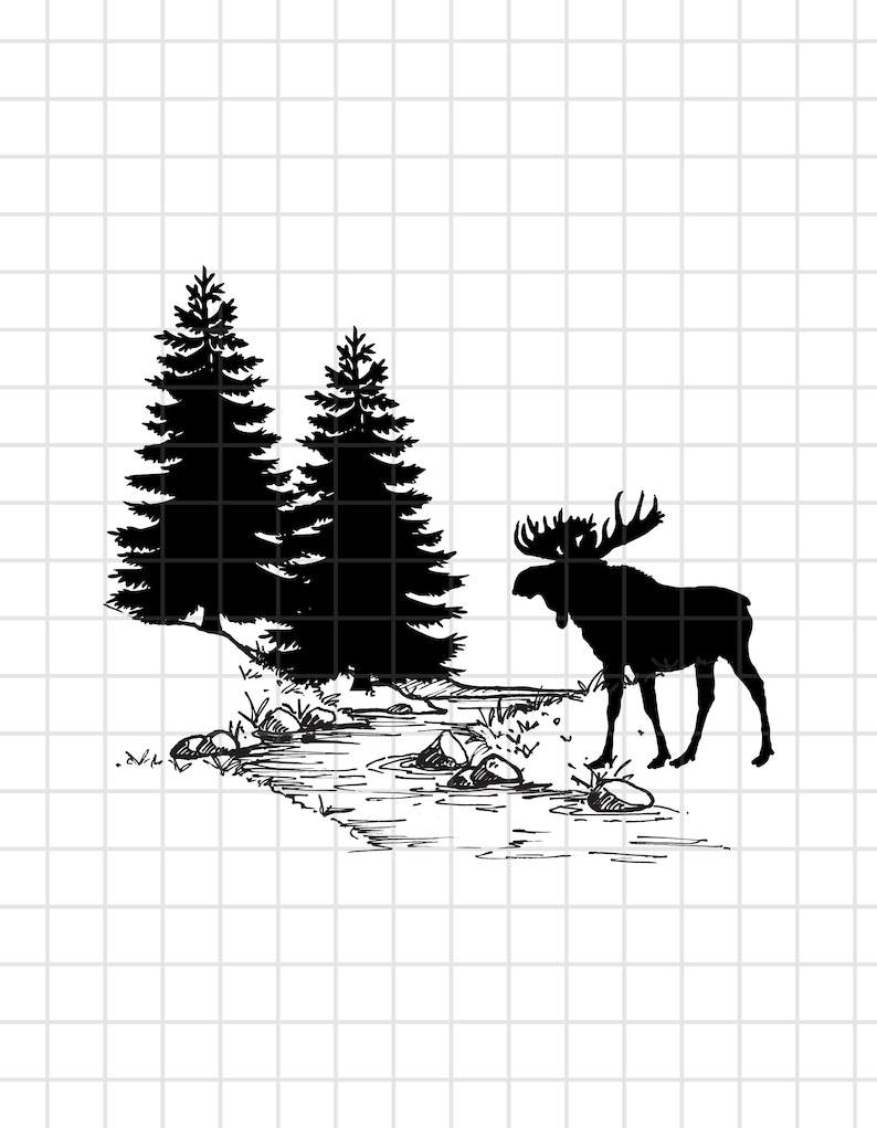Pine Tree Silhouette Svg, Moose by River SVG - Pine Tree - Coffee Mug Svg - T-Shirt Svg