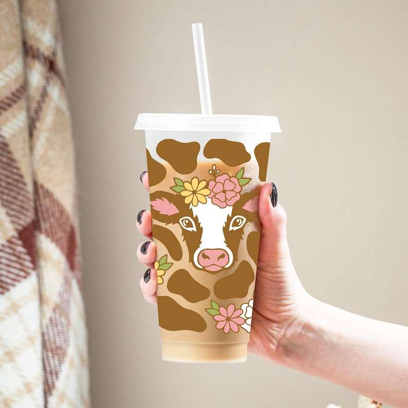 Cow Print Svg for Cup, Cute Flower Cow Cup Svg#3