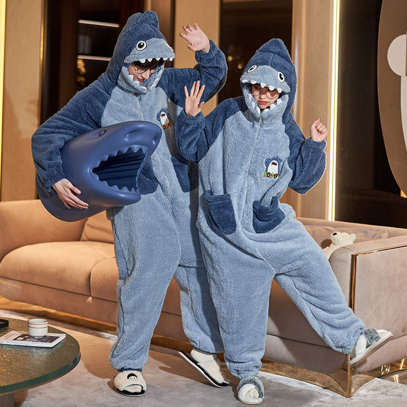 Shark Frenzy Hoodie One Piece - Adult Hooded Footed Pajamas