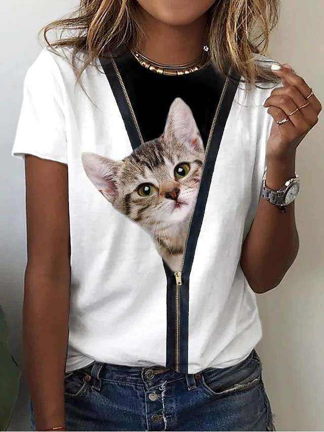 Sleeve Print Cat Womens Short 3D T O-Neck T-Shirt  