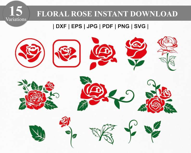 Rose Flower Bundle Svg. Rose Svg. Rose Silhouette. Red Rose Svg