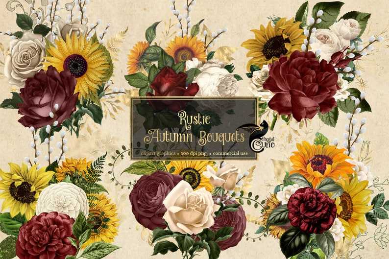 Antique Illustrations Of Yellow Sunflowers And Roses In Png Format