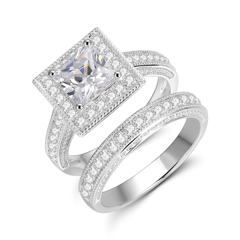 Square Forever Love Engagement Wedding Bridal Ring Set 925 Sterling Silver