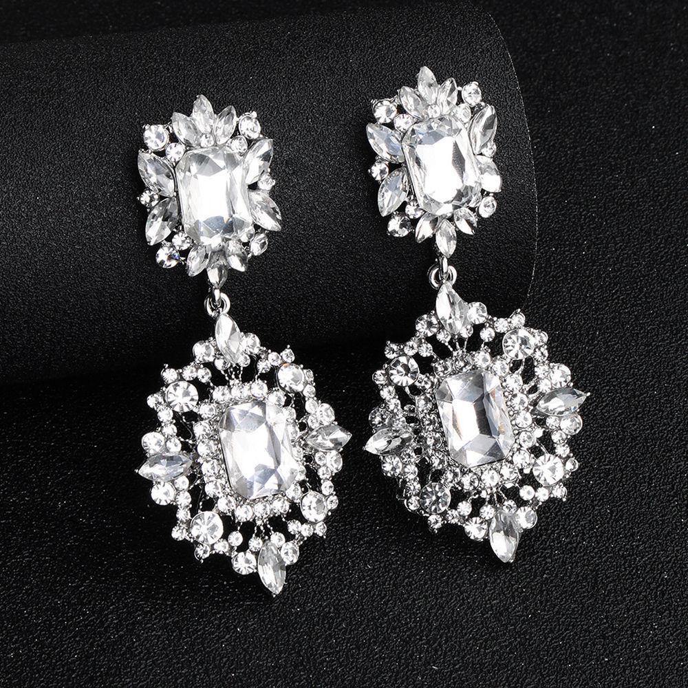 Rhinestones Drop Earrings Silver - soufeelus