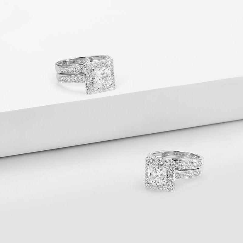 Square Forever Love Engagement Wedding Bridal Ring Set 925 Sterling Silver