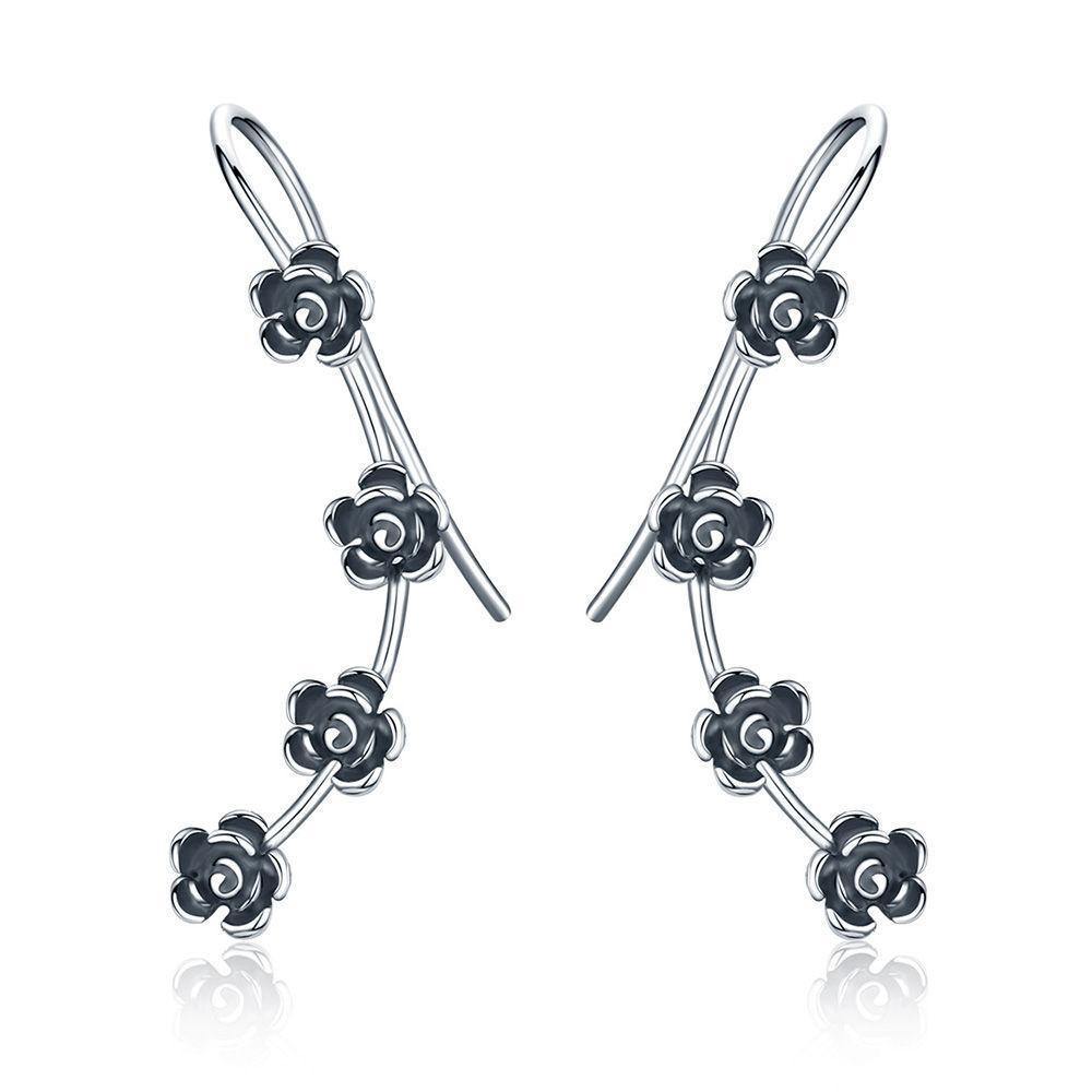 Black Flowers Drop Earrings Silver - soufeelus