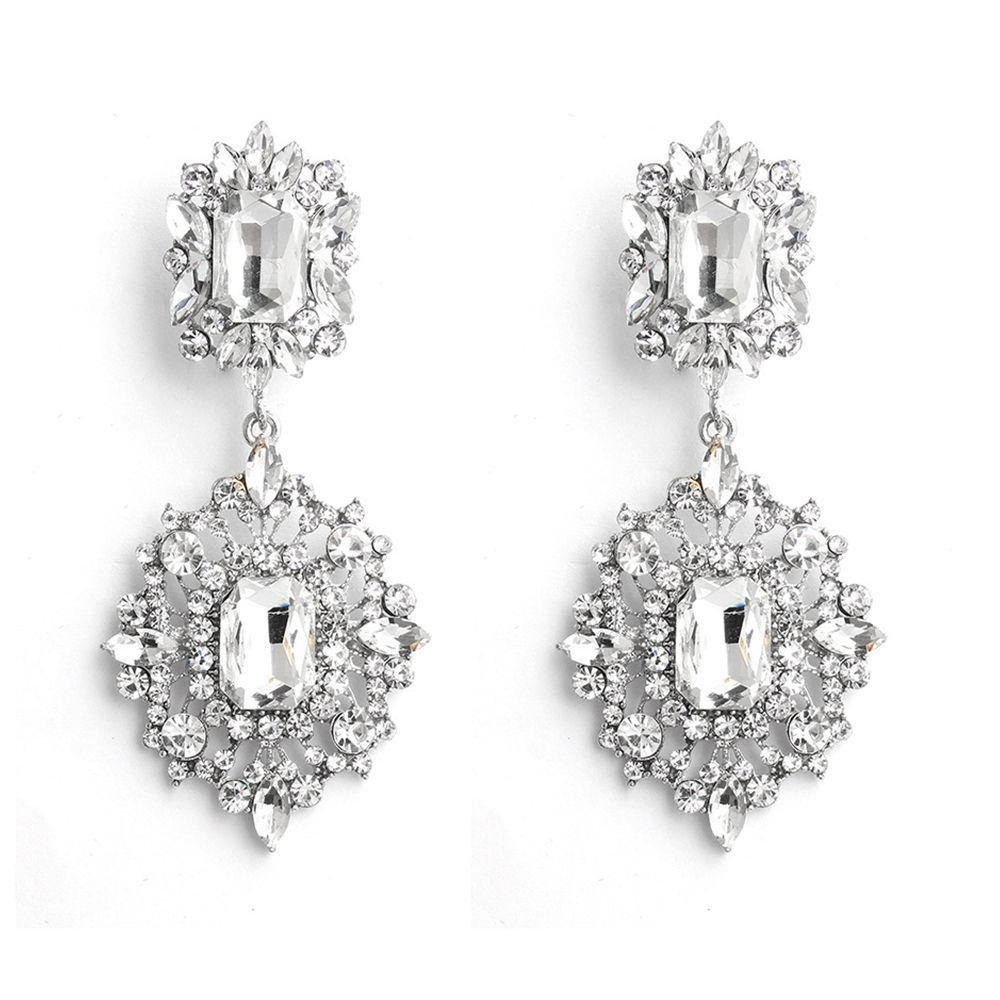 Rhinestones Drop Earrings Silver - soufeelus