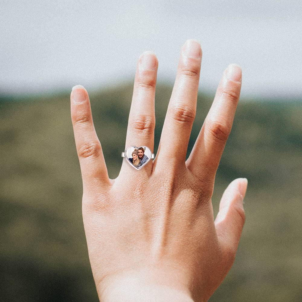 Women's Heart Photo Ring with Engraving Silver