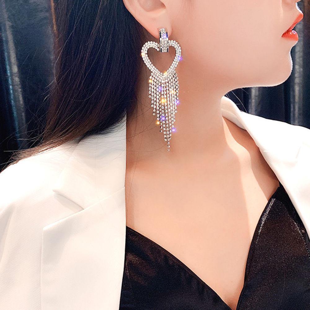 Heart-shaped Tassel Drop Earrings Silver - soufeelus