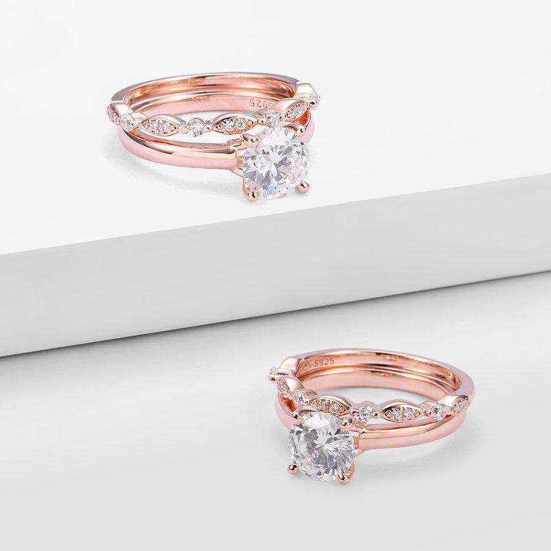 Female Morning Dew Wedding Ring Set Rose Gold 925 Sterling Silver