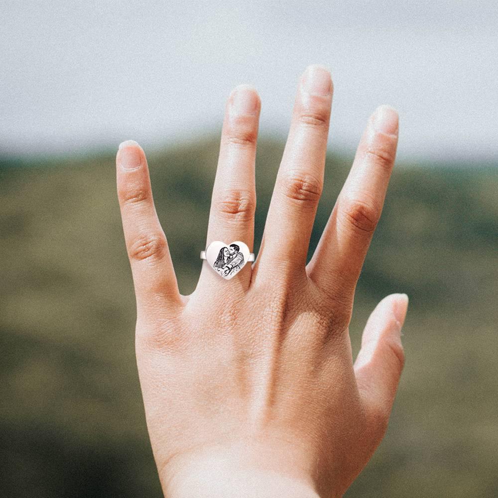 Heart Photo Engraved Ring with Engraving Platinum Plated Silver