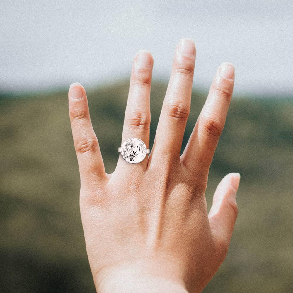 Round Photo Engraved Ring with Engraving Platinum Plated Silver