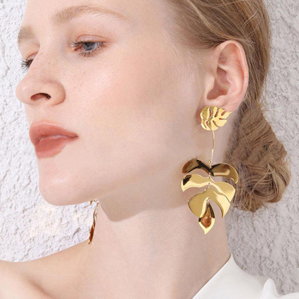 Earrings Big Leaf Gold Plated Alloy - soufeelus