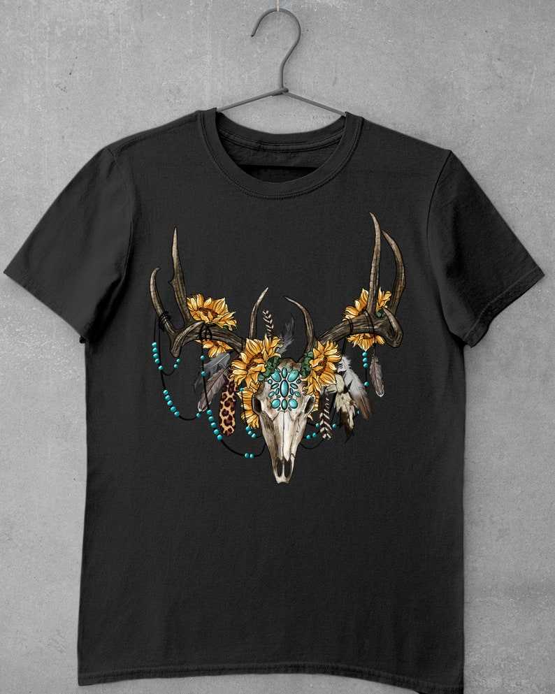 Deer Skull Sunflowers And Gemstone Png, Digital Download#3