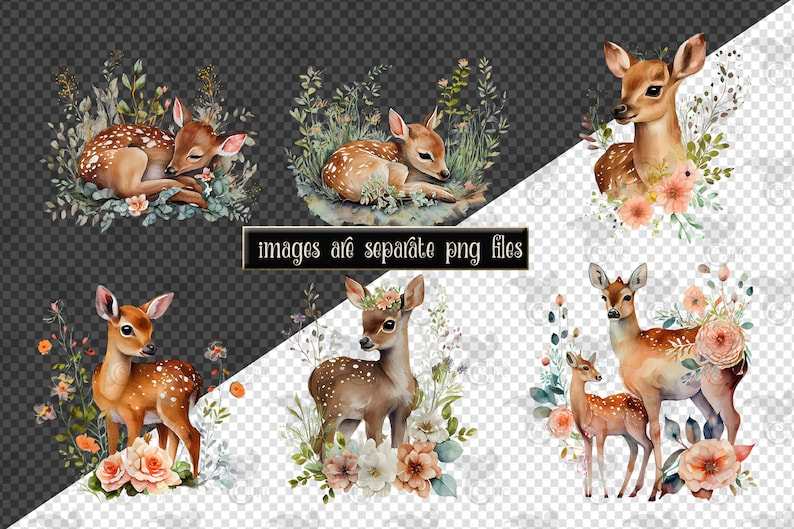 Watercolor Deer Clipart, Springtime Cute Floral Deer with Wildflowers PNG#4