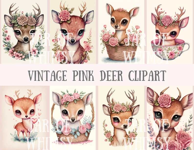 Watercolour Vintage Pink Deer Clipart, Deer PNG Digital Downloads#1