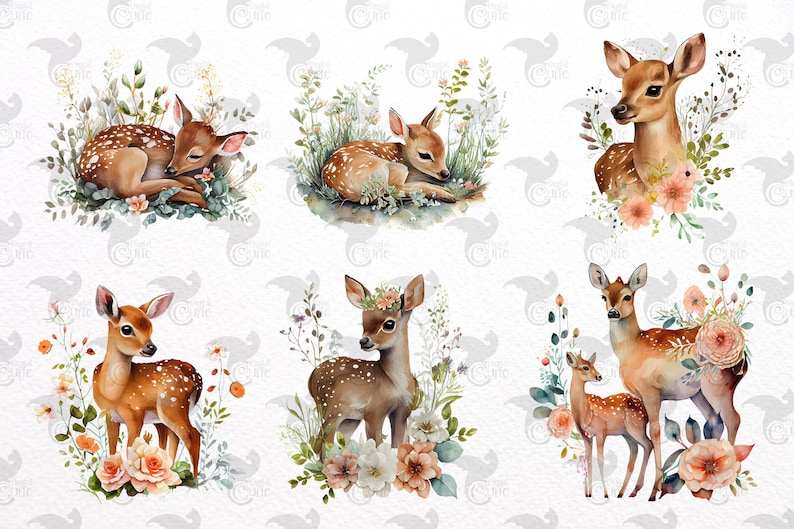 Watercolor Deer Clipart, Springtime Cute Floral Deer with Wildflowers PNG#3