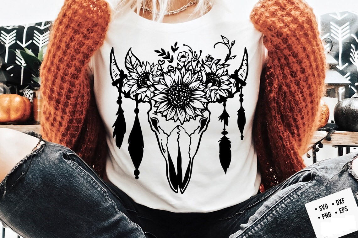 Bull Skull Floral Svg, Sunflower Boho Bull Skull Svg