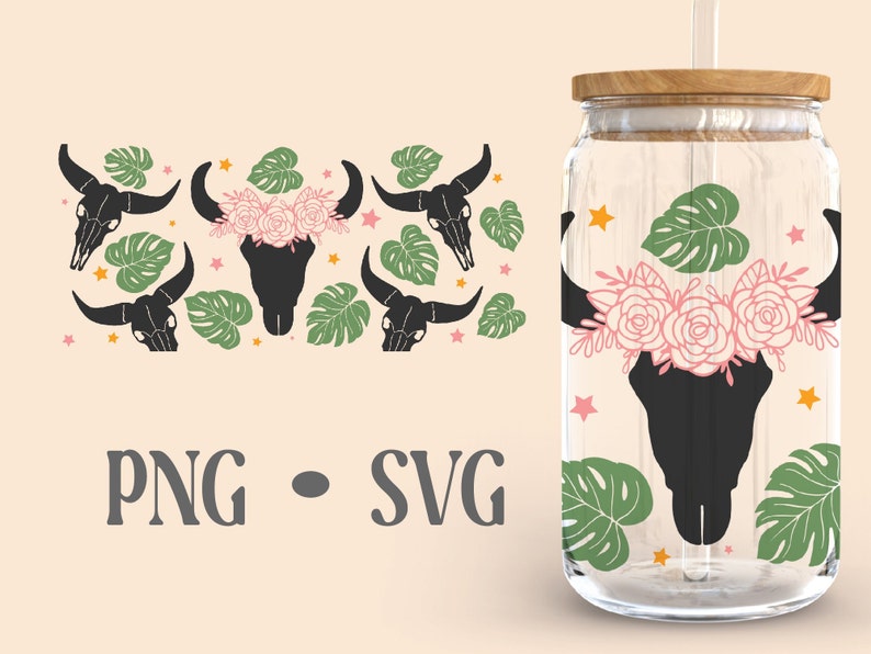 Bull Skull Monstera Libbey Can Glass Svg, Bull Skull Svg